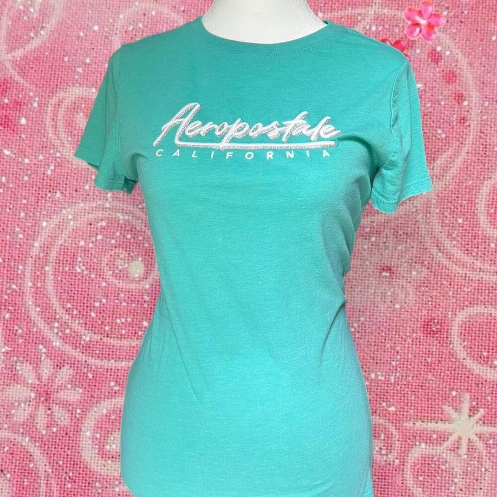 Aeropostale Teal Form Fitting Short Sleeve Tee with Silver Glitter Logo